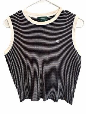 Lauren Ralph Lauren Navy & White Striped Sleeveless Ribbed Tank. Size Medium.